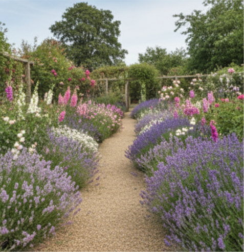 Beautiful garden path with lavender