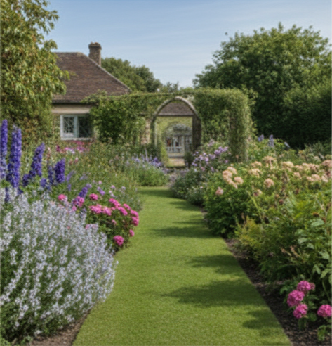 Lush garden with a house in the background
