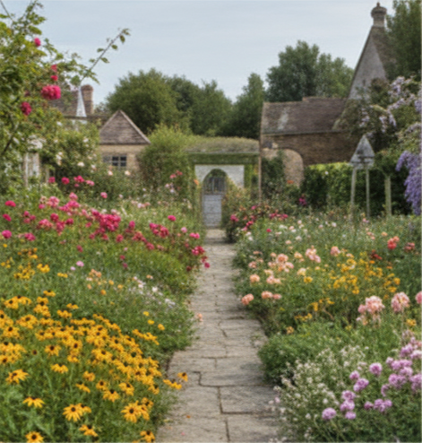 Garden with a stone feature and vibrant flowers